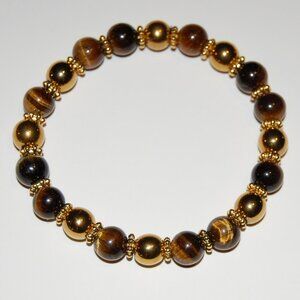 Tiger Eye and Gold Bracelet,Stone and Golden 8mm Beads,Handmade Bracelet